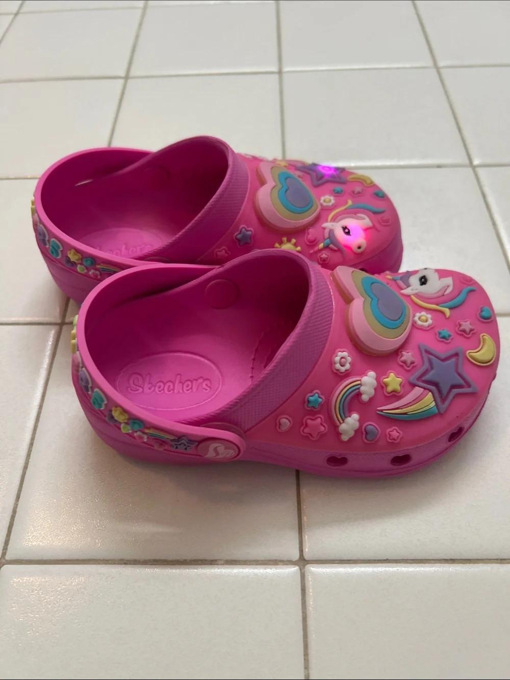 Skechers Bright Pink Kids Unicorn Clog Sandals with Rainbow Hearts - light up
